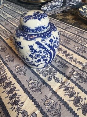 Blue and White Porcelain Ginger Jar with Floral & Bird Motif